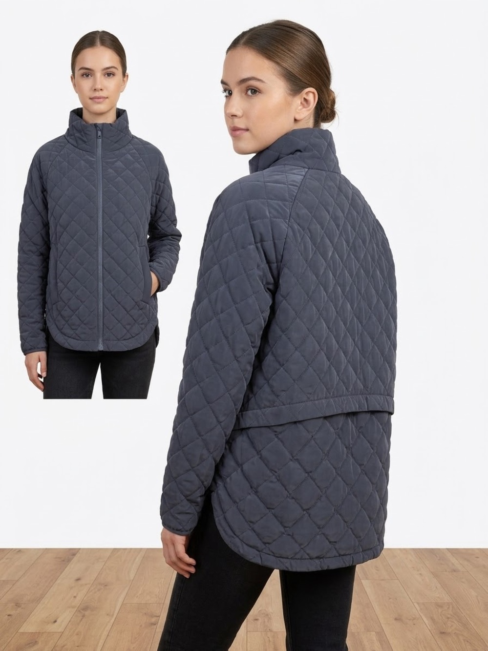 Athleta Quilted Diamond-Pattern Puffer Jacket in Charcoal Blue